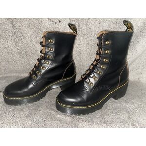 Women's Shoes Dr. Martens LEONA Leather Lace Up Platform Boots 22601001 BLACK